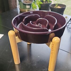 Purple Ceramic Pet Bowl with Wooden Stand